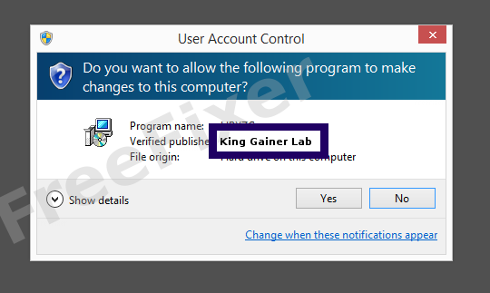 Screenshot where King Gainer Lab appears as the verified publisher in the UAC dialog